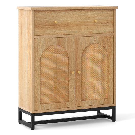 Accent Floor Storage Cabinet with Rattan Doors and Drawer-Natural