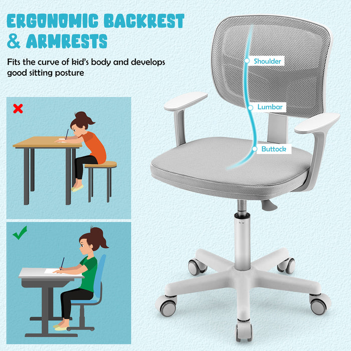 Adjustable Desk Chair with 5 Rolling Casters for Kids-Gray