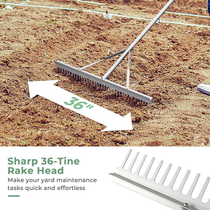 Aluminum Rake with 36 Inch Wide Rake Head and 68 Inch Long Handle