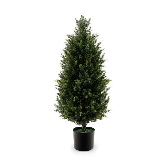 3 Feet Artificial Topiary Cedar Tree with Cement Plastic Pot and Faux Moss-Green