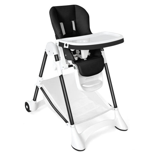 Baby Convertible Folding Adjustable High Chair with Wheel Tray Storage Basket-Black