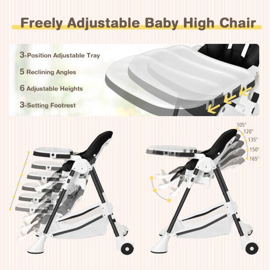 Baby Convertible Folding Adjustable High Chair with Wheel Tray Storage Basket-Black