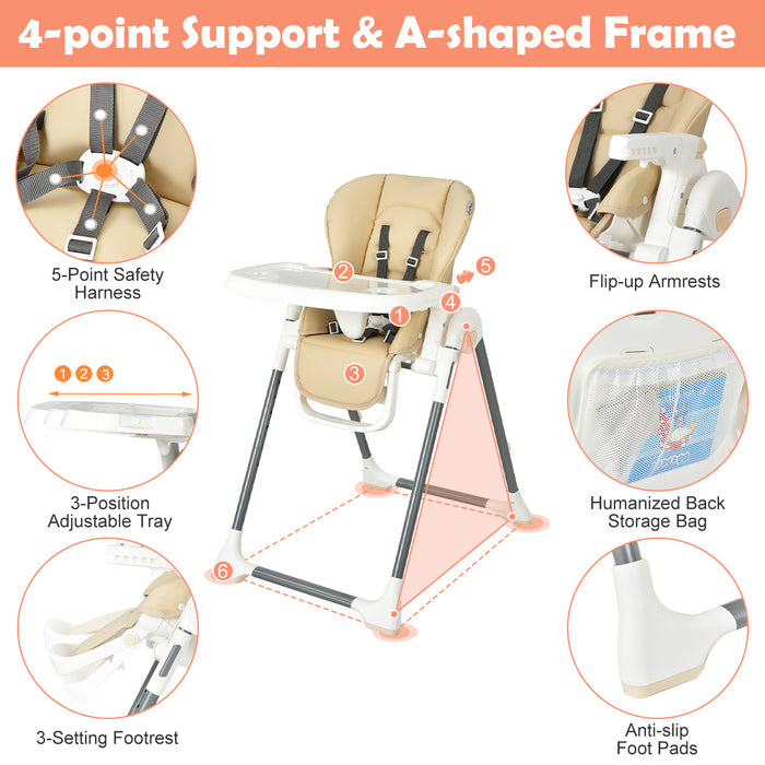 Foldable Baby High Chair with Double Removable Trays and Book Holder-Beige