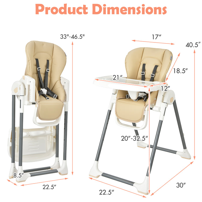 Foldable Baby High Chair with Double Removable Trays and Book Holder-Beige