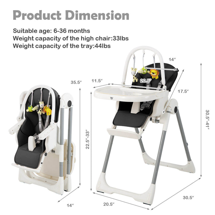 4-in-1 Foldable Baby High Chair with 7 Adjustable Heights and Free Toys Bar-Black