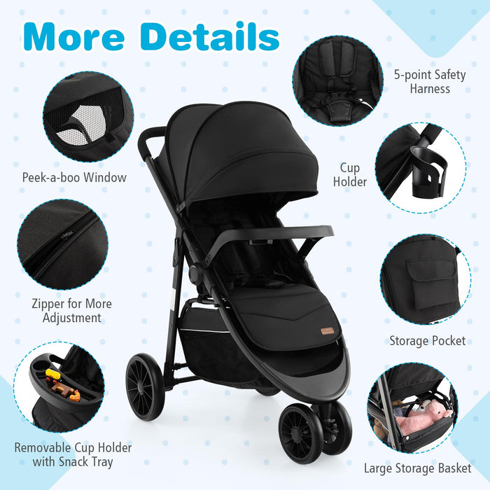 Baby Jogging Stroller with Adjustable Canopy for Newborn-Black