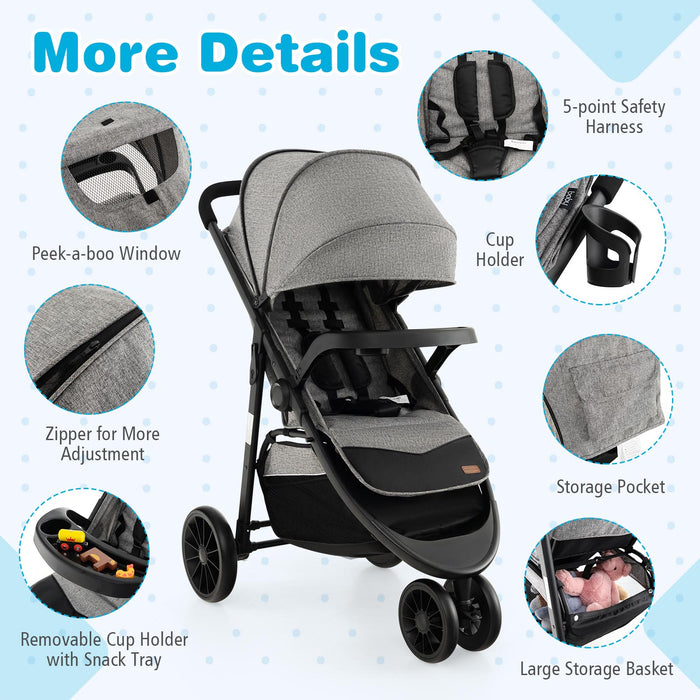 Baby Jogging Stroller with Adjustable Canopy for Newborn-Gray