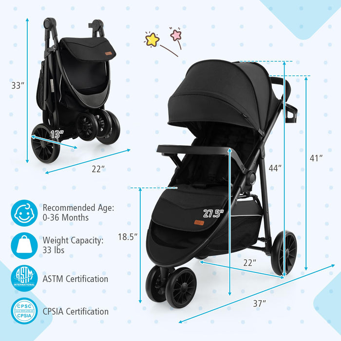 Baby Jogging Stroller with Adjustable Canopy for Newborn-Black