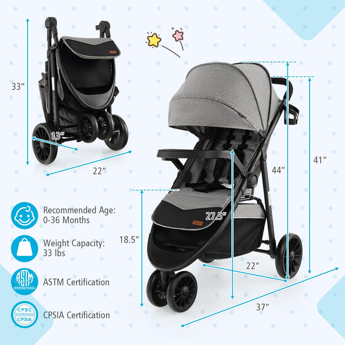 Baby Jogging Stroller with Adjustable Canopy for Newborn-Gray