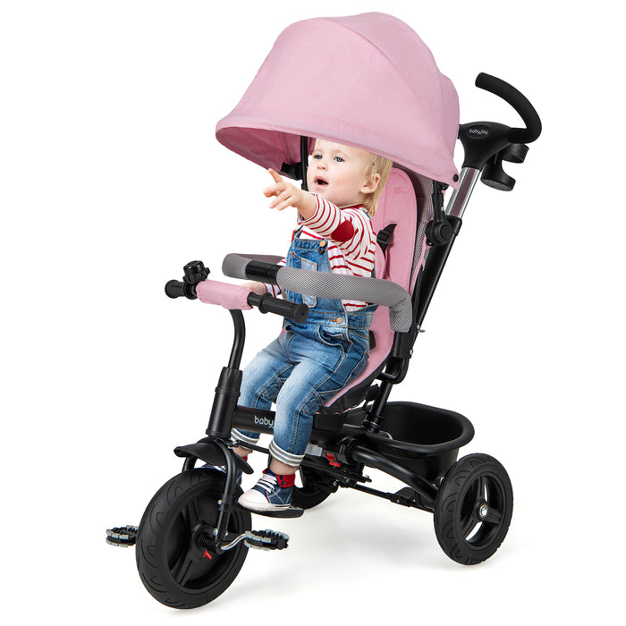 4-in-1 Baby Tricycle Toddler Trike with Reversible Seat and 5-Point Safety Harness-Pink