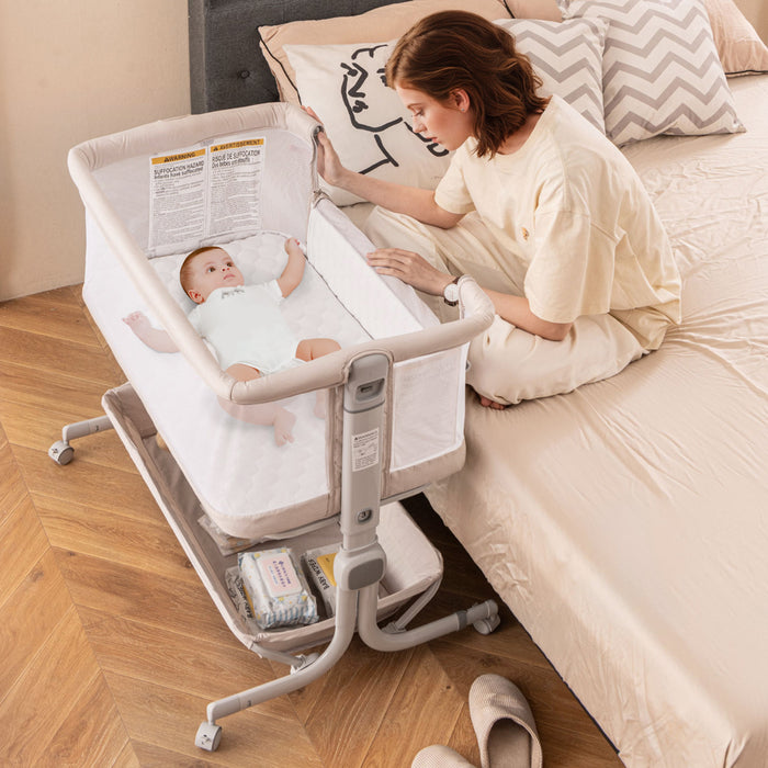 Baby Bassinet Bedside Sleeper with 6-Level Adjustable Height-Beige