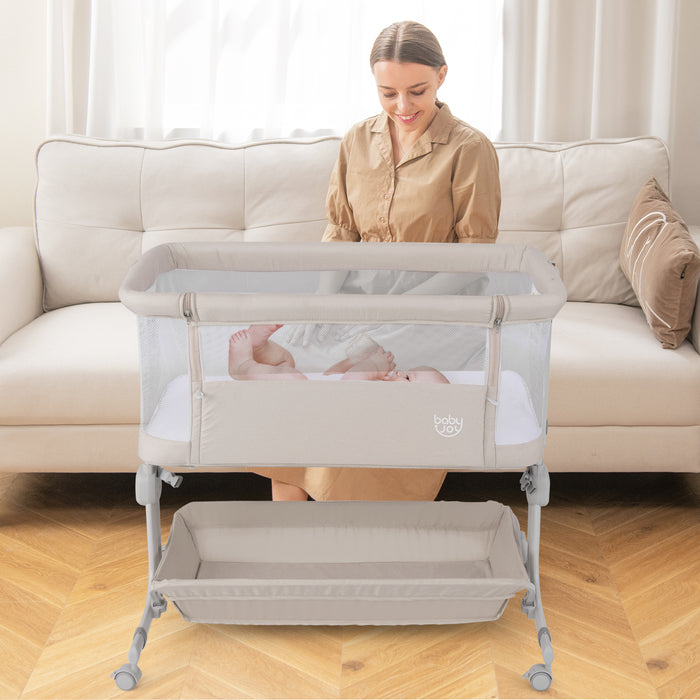 Baby Bassinet Bedside Sleeper with 6-Level Adjustable Height-Beige