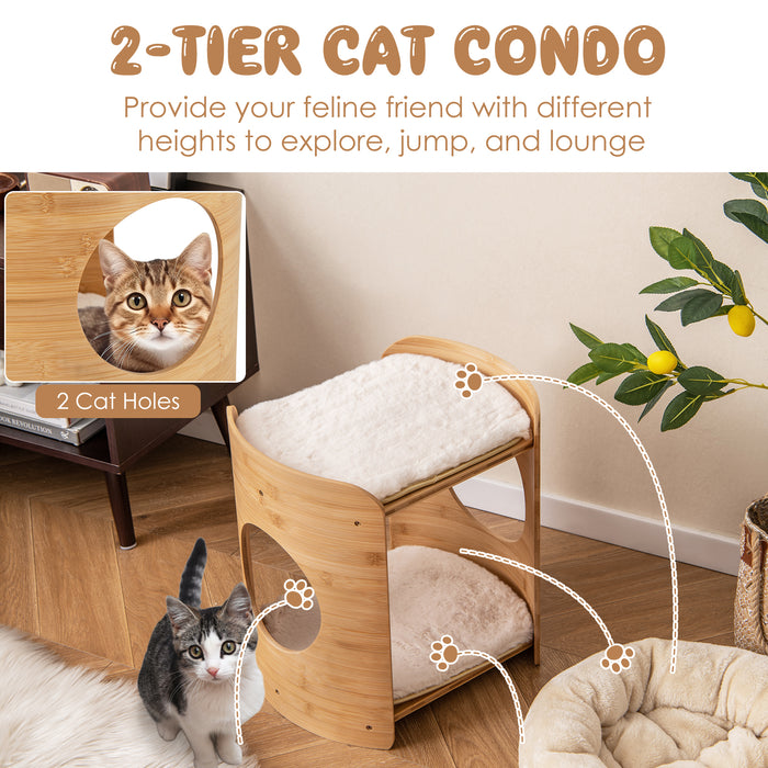 2-Tier Cute Small Cat Tree for Indoor Cats with Natural Bamboo Frame-Beige