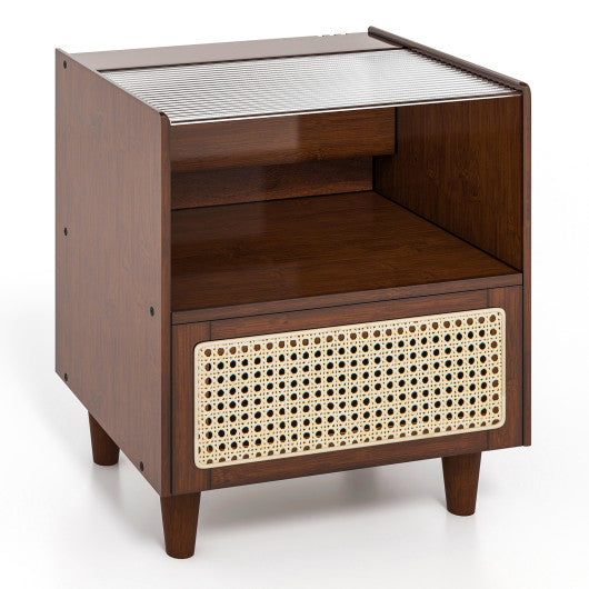 Bamboo Rattan Nightstand with Drawer and Solid Wood Legs-Brown