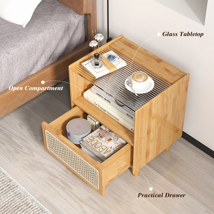 Bamboo Rattan Nightstand with Drawer and Solid Wood Legs-Natural