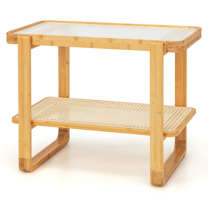 2-tier Bamboo Side Table with Glass Top-Natural