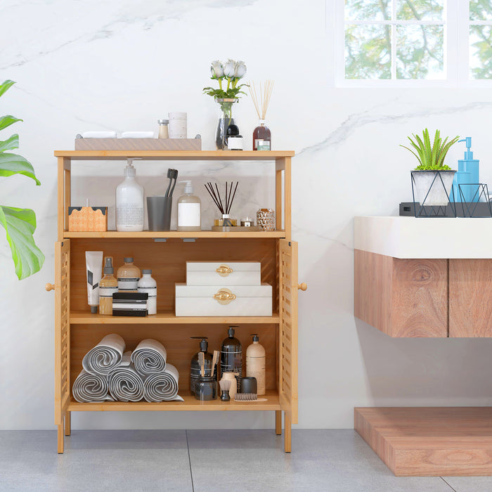 Bamboo Bathroom Floor Storage Cabinet with Shutter Doors-Natural