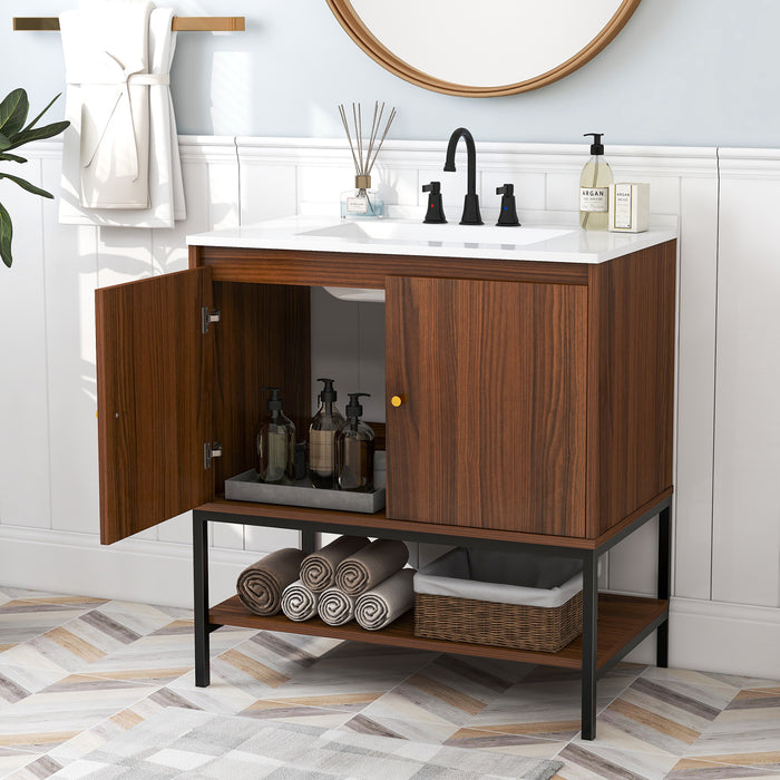 31 Inch Bathroom Vanity Sink Combo with Doors and Open Shelf-Walnut