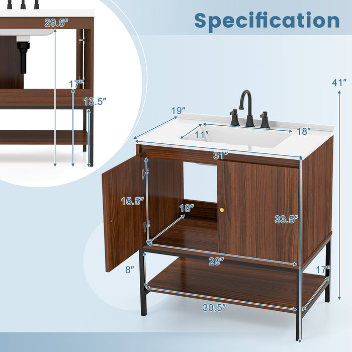 31 Inch Bathroom Vanity Sink Combo with Doors and Open Shelf-Walnut