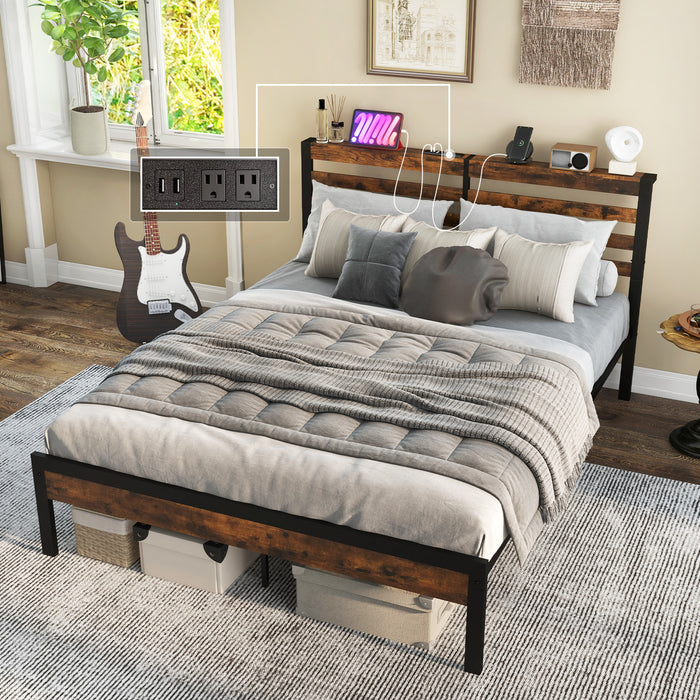 Full/Queen Size Bed Frame with Charging Station and Storage Headboard-Full Size