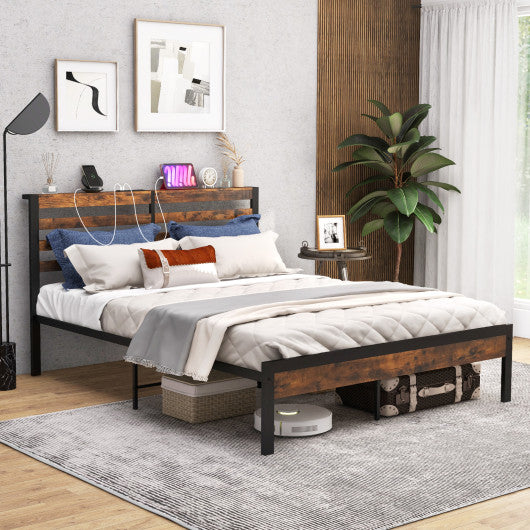 Full/Queen Size Bed Frame with Charging Station and Storage Headboard-Queen Size