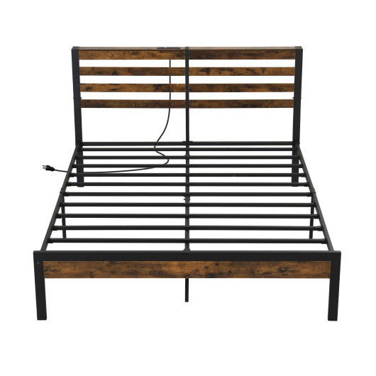 Full/Queen Size Bed Frame with Charging Station and Storage Headboard-Queen Size