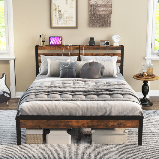 Full/Queen Size Bed Frame with Charging Station and Storage Headboard-Queen Size