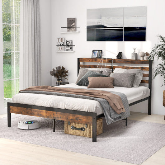 Full/Queen Size Bed Frame with Charging Station and Storage Headboard-Queen Size