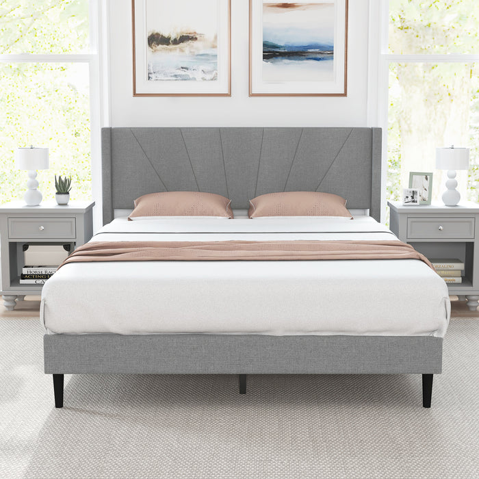 Twin/Queen Bed Frame with Linen Upholstered Wingback Headboard-Queen Size