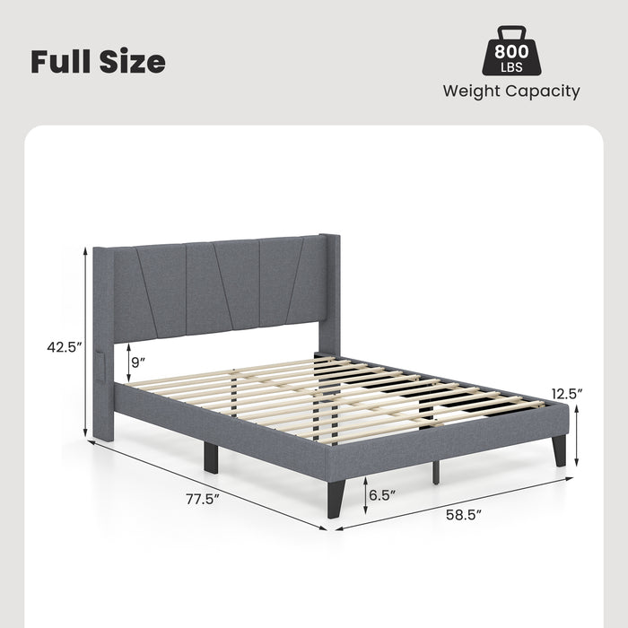 Full/Queen Size Bed Frame with Wingback Headboard and Wood Slat Support-Full Size