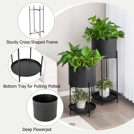 2 Metal Planter Pot Stands with Drainage Holes-Black