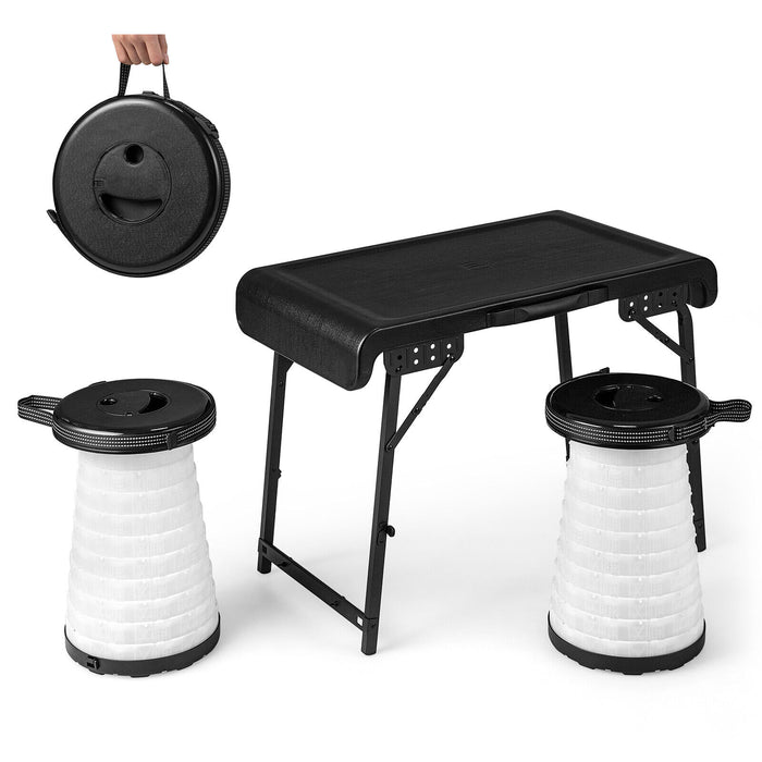 3 Pieces Folding Camping Table Stool Set with 2 Retractable LED Stools-Black