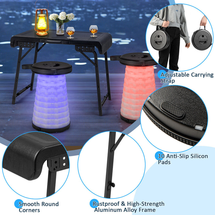 3 Pieces Folding Camping Table Stool Set with 2 Retractable LED Stools-Black