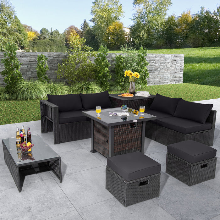 9 Pieces Patio Furniture Set with 32â€ Fire Pit Table and 50000 BTU Square Propane Fire Pit-Black