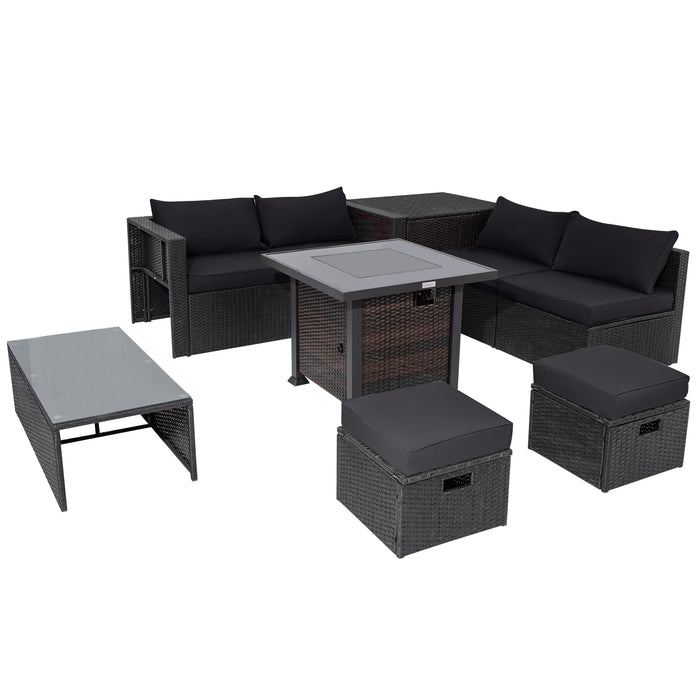 9 Pieces Patio Furniture Set with 32â€ Fire Pit Table and 50000 BTU Square Propane Fire Pit-Black