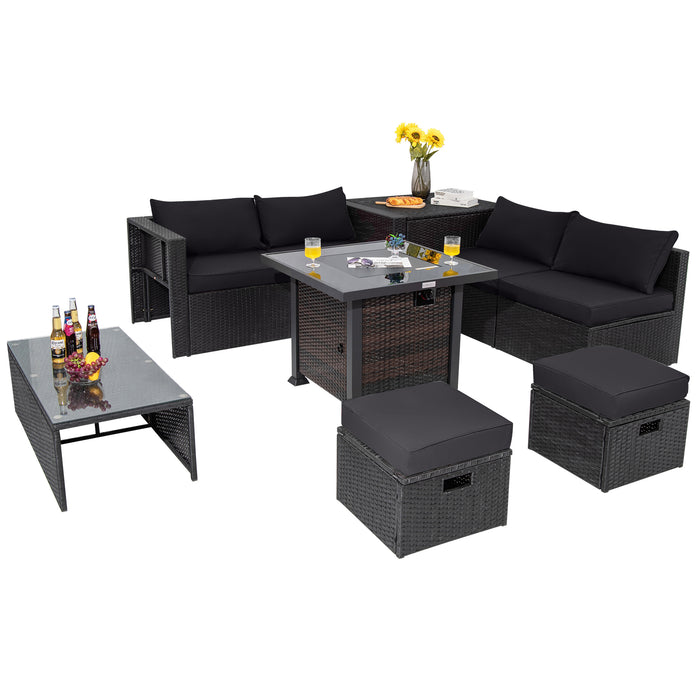 9 Pieces Patio Furniture Set with 32â€ Fire Pit Table and 50000 BTU Square Propane Fire Pit-Black