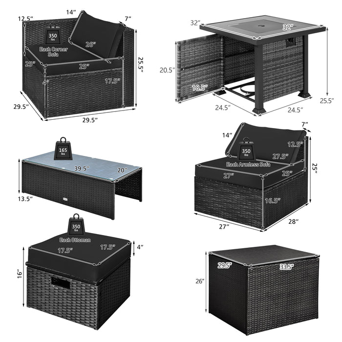 9 Pieces Patio Furniture Set with 32â€ Fire Pit Table and 50000 BTU Square Propane Fire Pit-Black