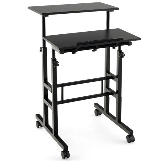 Height Adjustable Mobile Standing Desk with Rolling Wheels for Office and Home-Black