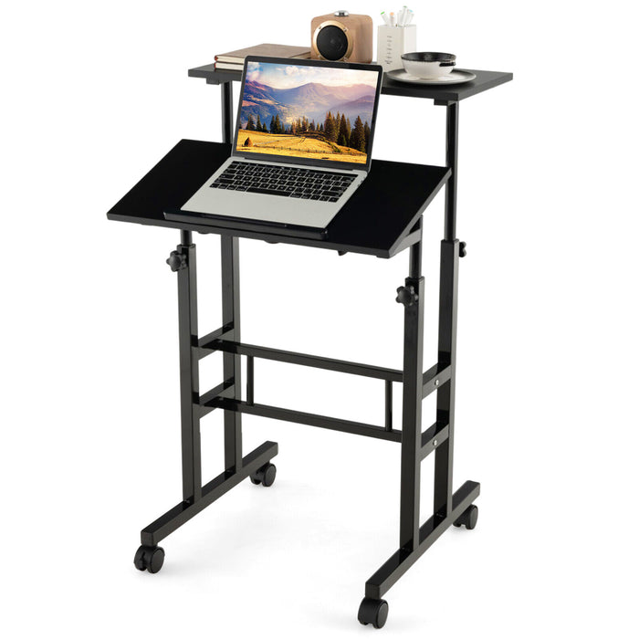 Height Adjustable Mobile Standing Desk with Rolling Wheels for Office and Home-Black