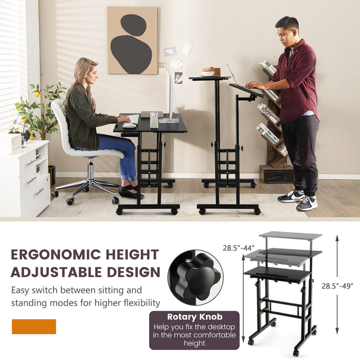 Height Adjustable Mobile Standing Desk with Rolling Wheels for Office and Home-Black