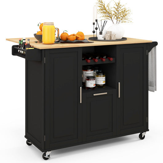 Rolling Kitchen Island Cart with Drop-Leaf Countertop ad Towel Bar-Black