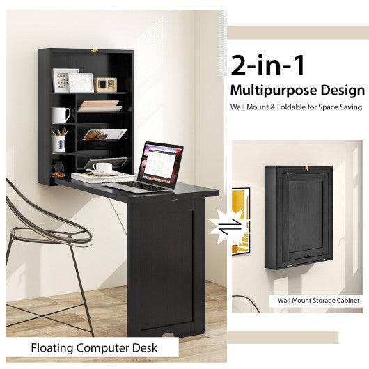 Wall Mounted Fold-Out Convertible Floating Desk Space Saver-Black