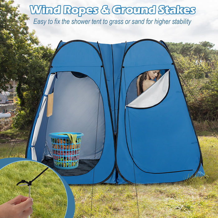 Oversized Pop Up Shower Tent with Window Floor and Storage Pocket-Blue