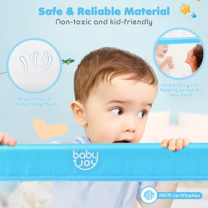 59 Inch Folding Breathable Baby Bed Rail Guard with Safety Strap-Blue