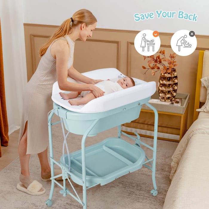 Folding Baby Changing Table with Bathtub and 4 Universal Wheels-Blue