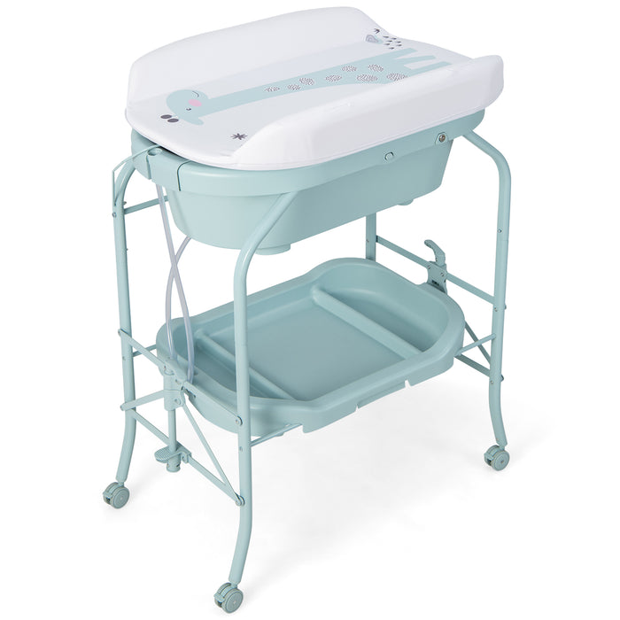 Folding Baby Changing Table with Bathtub and 4 Universal Wheels-Blue