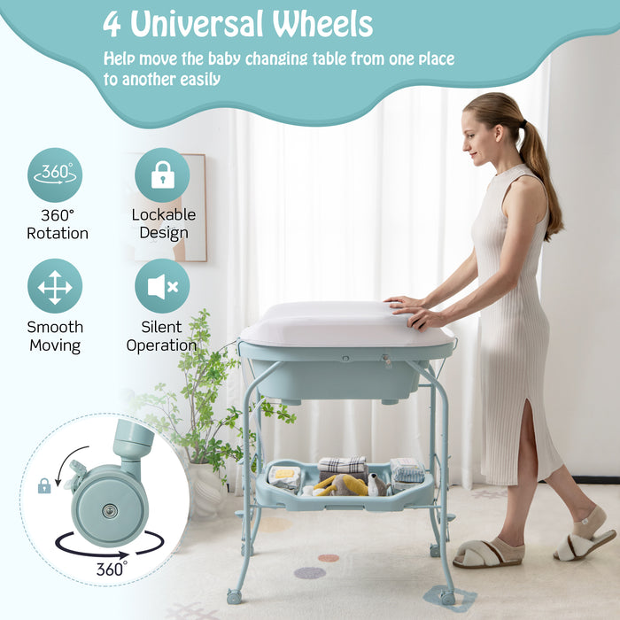 Folding Baby Changing Table with Bathtub and 4 Universal Wheels-Blue