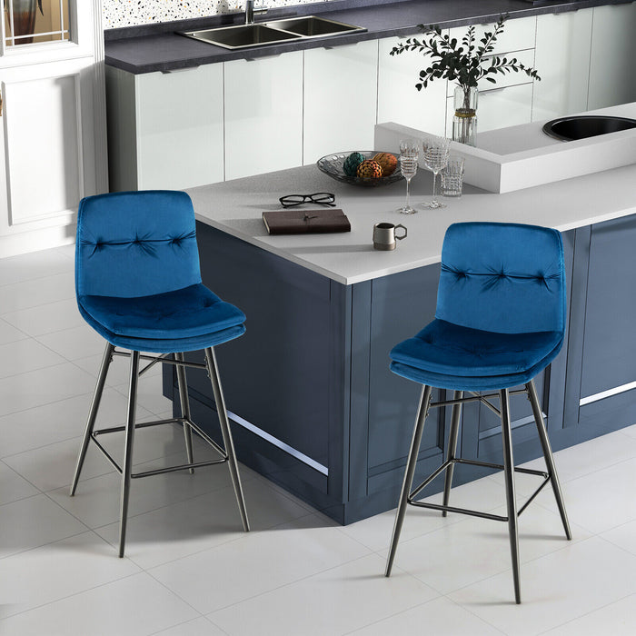 2 Pieces 29 Inch Velvet Bar Stools Set with Tufted Back and Footrests-Blue