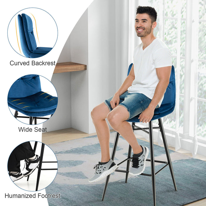 2 Pieces 29 Inch Velvet Bar Stools Set with Tufted Back and Footrests-Blue