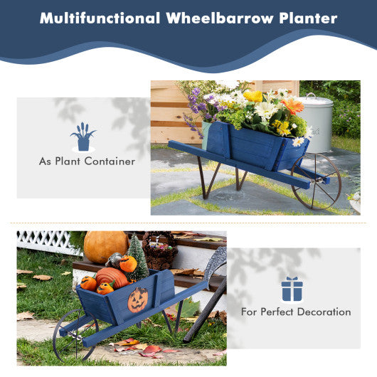 Wooden Wagon Planter with 9 Magnetic Accessories for Garden Yard-Blue